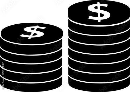 Two stacks of coins with dollar signs in black and white silhouette
