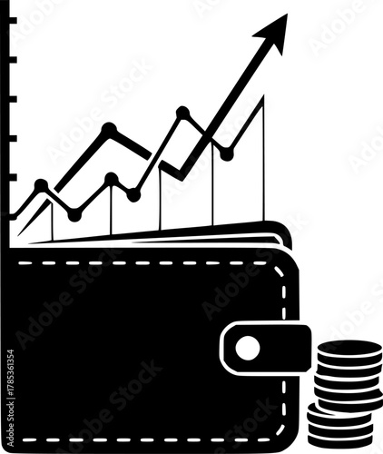 Black wallet with coins and stock market graph icon silhouette
