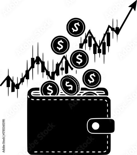 Black wallet with coins and stock market graph icon silhouette
