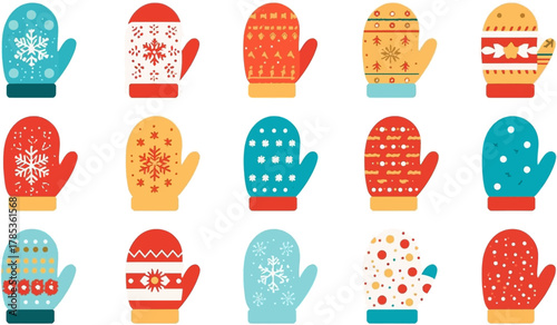 A vibrant assortment of illustrated winter mittens, featuring diverse patterns and colors for seasonal designs and holiday themes.