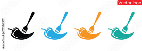 Spicy food logo design with fork and pepper silhouette icons set,