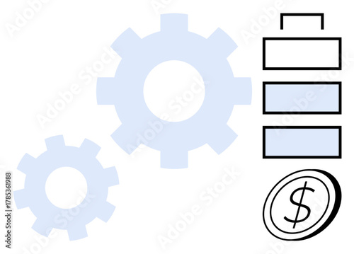 Two gears, battery charge levels, and a dollar coin illustrating productivity, energy management, and financial growth. Ideal for business, efficiency, progress, technology economy energy