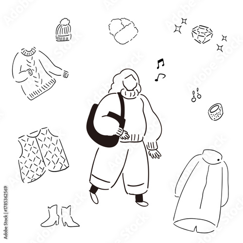 ショッピングを楽しむ女性_冬,冬アイテム,セール,鼻歌,手描きイラスト_線画｜ Woman Enjoying Shopping_Winter, Winter Items, Sale, Hand-drawn Illustration