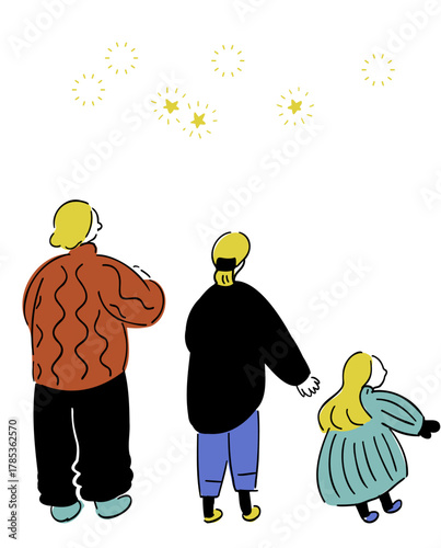 後ろ姿の家族_冬Ver,星降る夜,手描きイラスト_冬カラー｜ Family from Behind_Winter Version, Starry Sky, Hand-drawn Illustration_