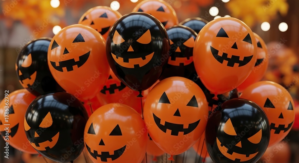 Obraz premium Spooky Halloween fun with vibrant orange and black jack o'lantern balloons, perfect for parties, events, and festive autumn celebrations