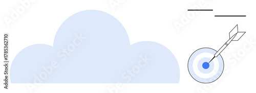 Blue cloud with arrow hitting a bullseye target. Ideal for cloud technology, precision, goals, success, data management, focus, innovation. Modern simple flat metaphor