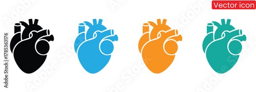 Anatomical heart icons in black, blue, orange, and teal,Anatomical heart  icon.Cardiovascular, medical, health, cardiology icon.  human heart Vector. icons for  websites,