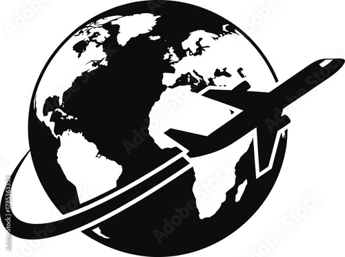 Airplane flying around Earth globe vector illustration representing global travel, aviation, international connectivity, tourism, motion, and worldwide transportation.