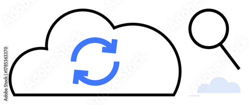 Large cloud with blue synchronization arrows and magnifying glass. Ideal for data sharing, updates, storage, cloud computing, search, technology, backup. Simple flat metaphor