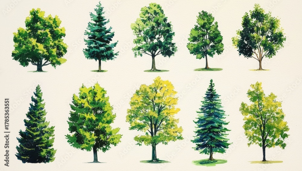 Fototapeta premium Unique foliage styles depicted on a clean, light background.