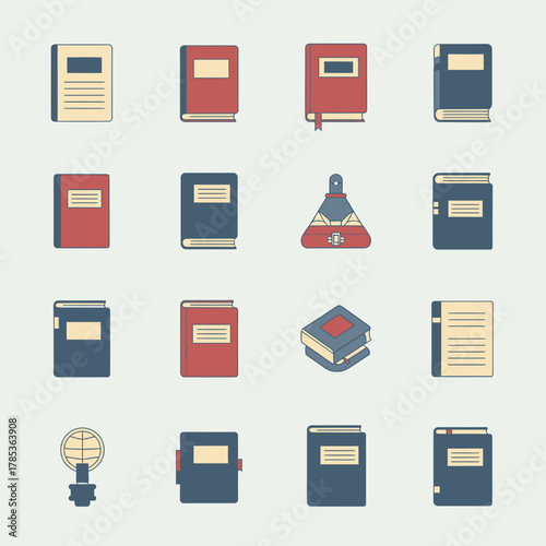 Collection of flat design icons representing books, notebooks, and educational items.