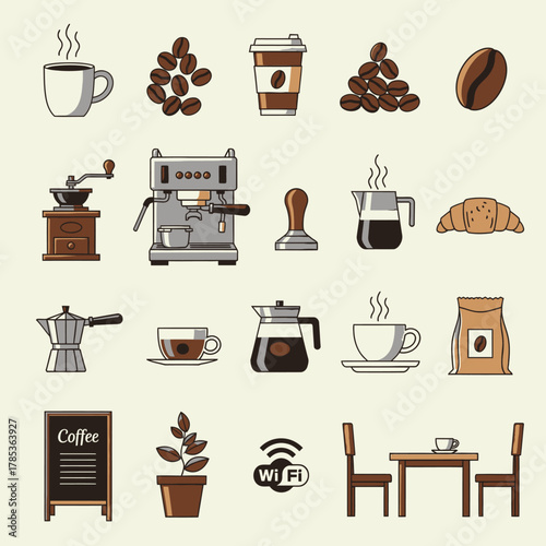 A collection of coffee-related icons including cups, beans, machines, and cafe elements in a flat design style.