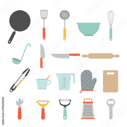 A comprehensive collection of essential kitchen utensils and cooking tools for home use.