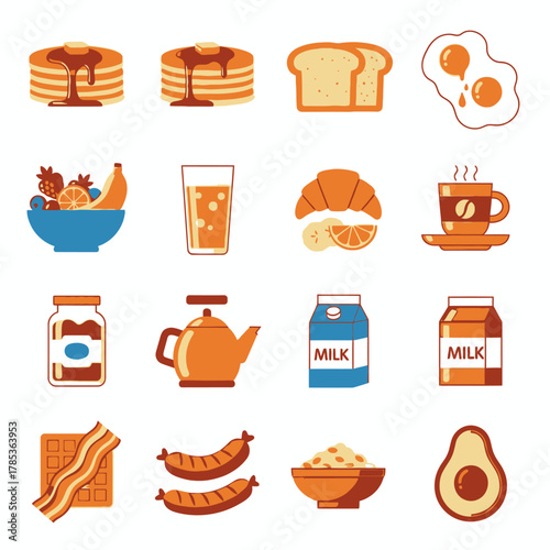 A collection of various breakfast food and drink items including pancakes, eggs, toast, fruit, juice, coffee, milk, and more, presented as flat vector icons.