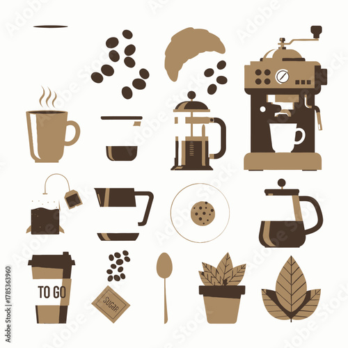 A collection of coffee and tea related items including an espresso machine, French press, mugs, beans, and a croissant, all in a two-tone brown and beige color palette.