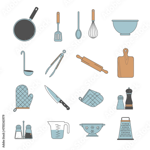 An assortment of essential kitchen utensils and cooking equipment, presented in a clean, flat design style.