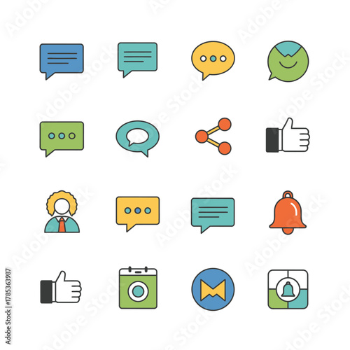 A collection of colorful flat design social media and communication icons, including chat bubbles, share, like, user profile, notification bell, and calendar.