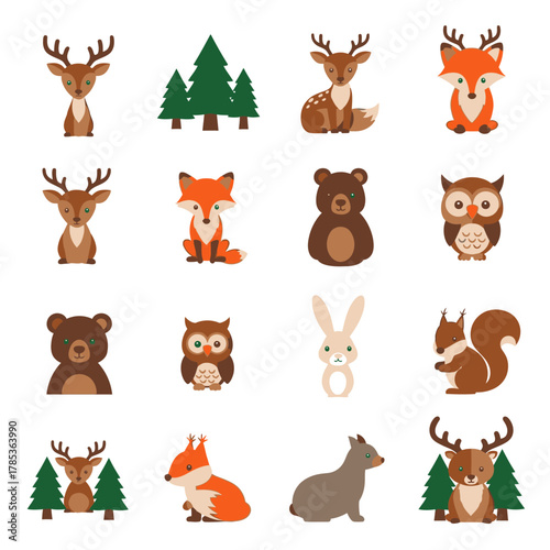 A collection of cute cartoon forest animals and trees including deer, foxes, bears, owls, rabbits, and squirrels in a simple flat design style.