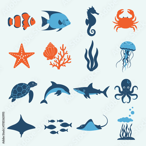 Collection of various marine animals and underwater life elements in a flat design style, showcasing ocean creatures and plants.