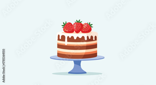 A delightful illustration of a layered cake topped with white drip frosting and three fresh strawberries, resting on a blue cake stand.