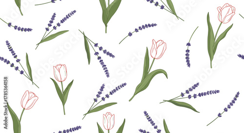 Beautiful seamless floral pattern featuring delicate lavender sprigs and elegant outline tulips on a clean white background.
