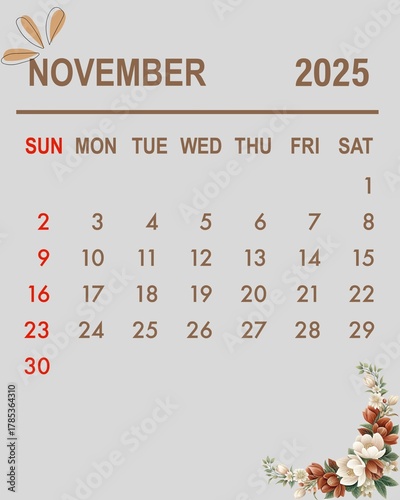 Autumn-themed November Calendar with Falling Leaf Illustrations