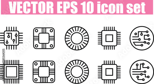 Black Line Icons of Computer Processors, Microchips, and Circuitry Elements board Modern Icon Set for UI UX and Digital Design vector icon set 