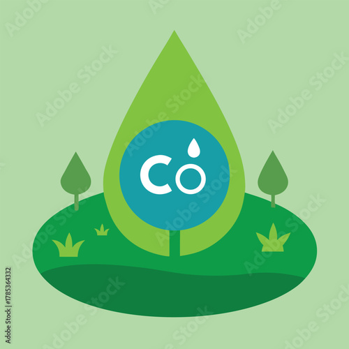 Green Drop Symbol with C O2 and Trees on Hill carbon dioxide