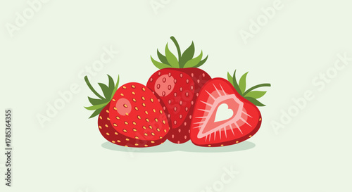 A charming illustration of three ripe red strawberries, one of which is cut in half to reveal a delightful heart-shaped core.