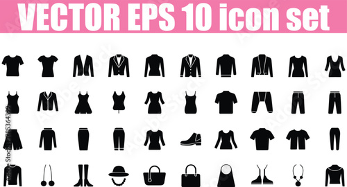 Black Silhouette Icons of Various Clothing Items and Accessories for Fashion apparel garments Modern Icon Set for UI UX and Digital Design vector icon set 