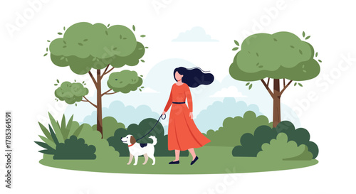A woman and her dog enjoy a leisurely walk through a lush green park on a beautiful day, surrounded by trees and bushes.