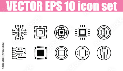 Electronic Circuit Board and CPU Chip Icons in Outline and Solid Fill Styles processor Modern Icon Set for UI UX and Digital Design vector icon set 