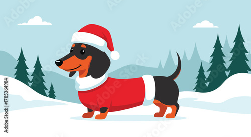 A cute cartoon dachshund dog wearing a Santa hat and red coat stands happily in a snowy winter landscape with pine trees and hills.