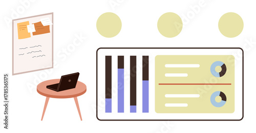 Laptop on a round table next to notes on a board and data charts. Ideal for business, analytics, planning, research, strategy, education, productivity themes. A simple flat metaphor