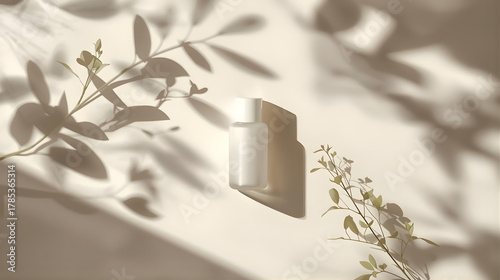 a bottle of perfume on a table with leaves