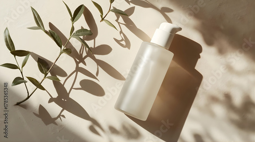 a bottle of cleanser next to a leaf