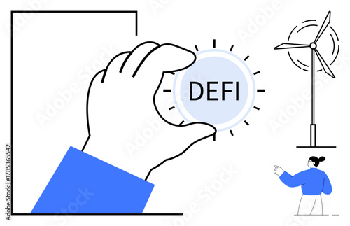 Hand gripping DEFI token expressing digital finance. Wind turbine symbolizes sustainable energy. Female character promoting new ideas. Ideal for blockchain, finance, innovation, clean energy