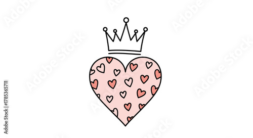 A cute doodle illustration of a light pink heart adorned with a crown, filled with tiny lighter and darker pink hearts, on a white background.