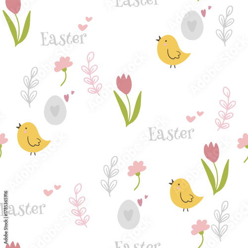 Colorful Easter bunny with eggs and flowers. Easter basket with eggs and sheep. Easter parity and pattern. Easter background for postcard, banner.	