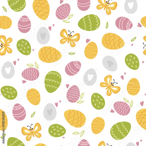 Colorful Easter bunny with eggs and flowers. Easter basket with eggs and sheep. Easter parity and pattern. Easter background for postcard, banner.	