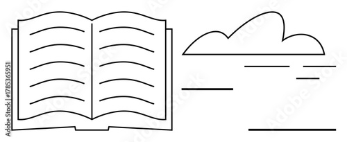 Open book with pages beside a cloud outline, emphasizing creativity, learning, education, storytelling, and innovation. Ideal for literature, inspiration, dreams knowledge education