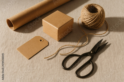 Photorealistic Still Life – Gift Wrapping Supplies on Linen Surface with Clear Shadows and Deep Focus