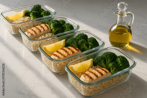 Row of Glass Containers with Balanced Meals of Grilled Chicken, Brown Rice, and Broccoli on Marble Counter