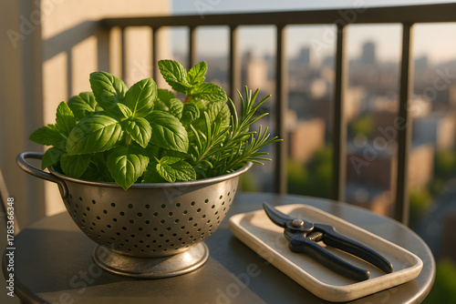 Herb Harvest on Balcony – Basil, Mint, and Rosemary in Sunlight with Realistic Depth and City Background