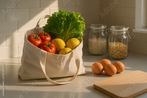 Sustainable Lifestyle – Groceries, Storage Jars, and Cutting Board on Countertop in Bright Home Interior