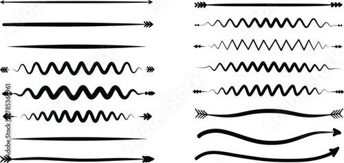 Black decorative arrow dividers set, simple shapes on transparent background design element