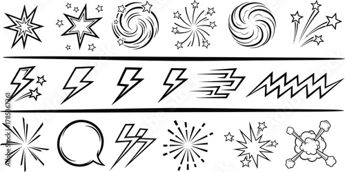 Black Outlined Starbursts, Lightning Bolts, and Speech Bubble Isolated on White