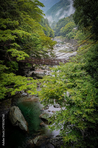 Iya Kazurabashi Vine Bridge on a Cloudy Day in Tokushima, Japan