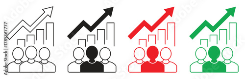 Set of four icons representing business growth and teamwork, with bar charts and upward trending arrows in outline, black, red, and green