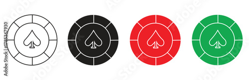Collection of poker chip icons with a spade symbol in outline, black, red, and green